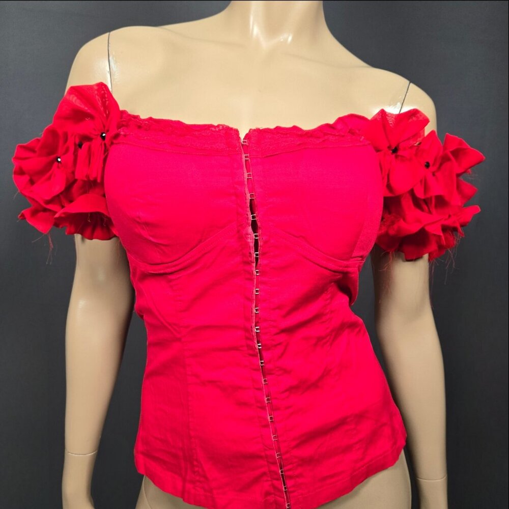 Y2K Milkmaid Corset top Size S Red Off Shoulder Lace Up Back Coquette Fairy